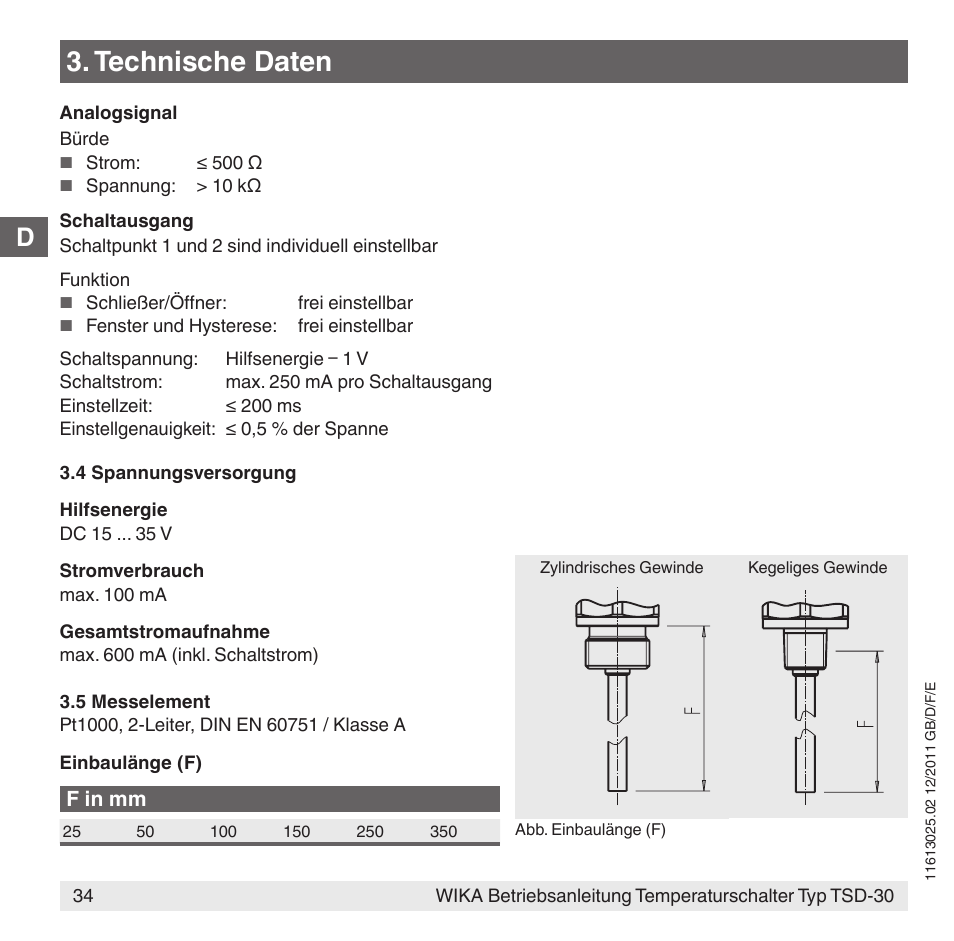 Technische daten, F in mm | WIKA TSD-30 User Manual | Page 34 / 100