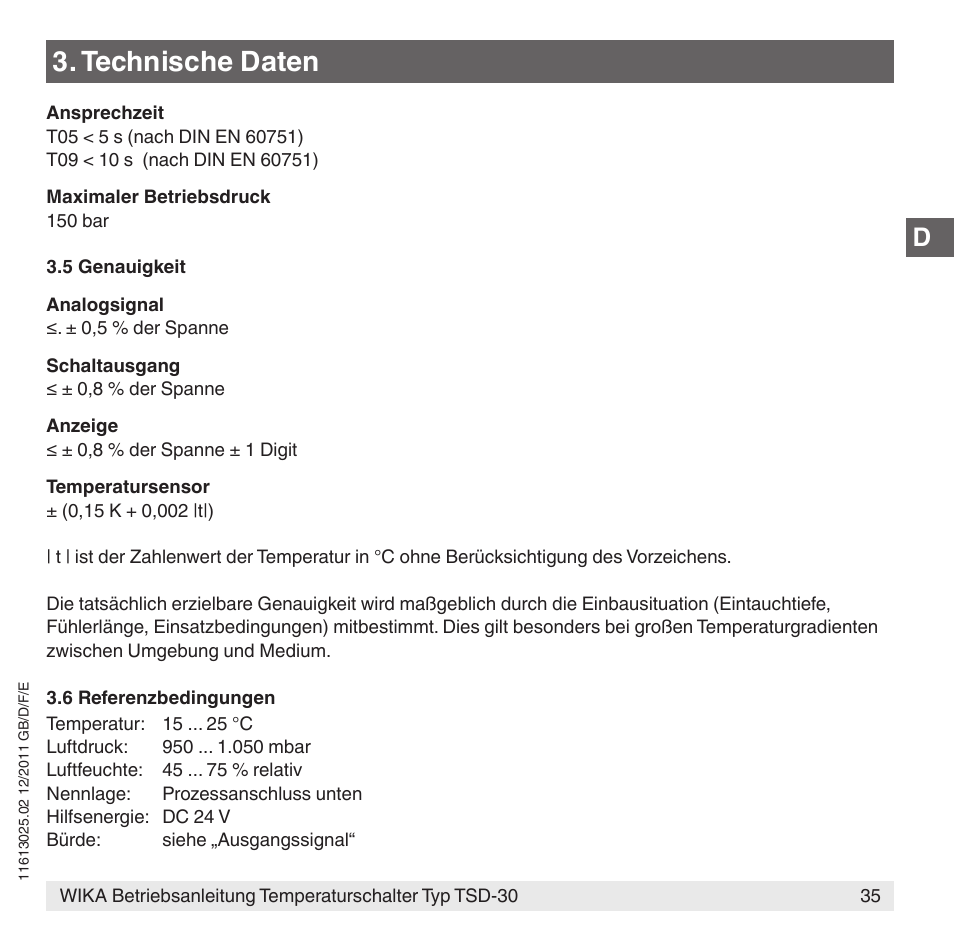 Technische daten | WIKA TSD-30 User Manual | Page 35 / 100