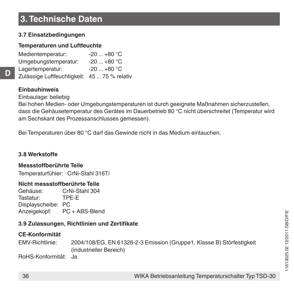 Technische daten | WIKA TSD-30 User Manual | Page 36 / 100