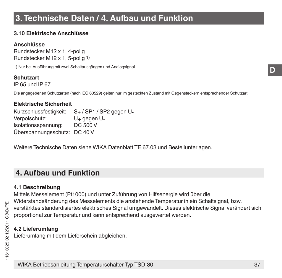 Technische daten / 4. aufbau und funktion, Aufbau und funktion | WIKA TSD-30 User Manual | Page 37 / 100