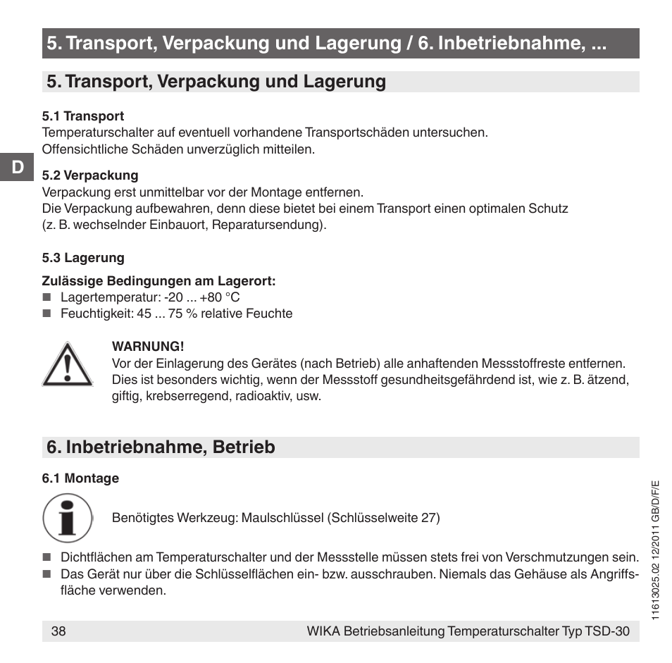 Transport, verpackung und lagerung, Inbetriebnahme, betrieb | WIKA TSD-30 User Manual | Page 38 / 100
