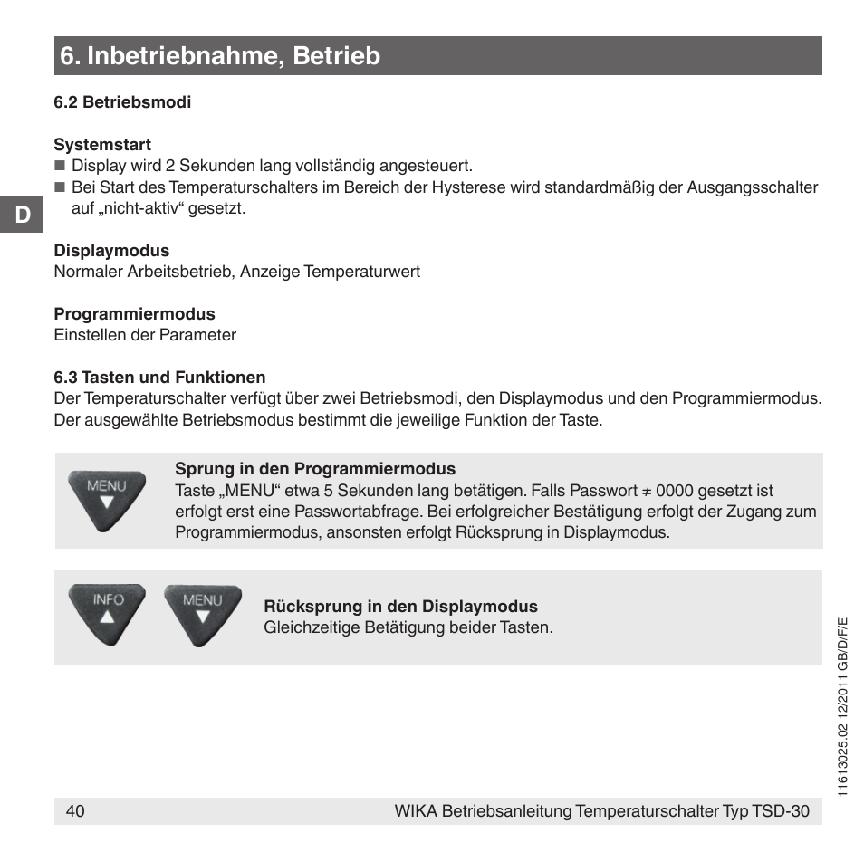 Inbetriebnahme, betrieb | WIKA TSD-30 User Manual | Page 40 / 100