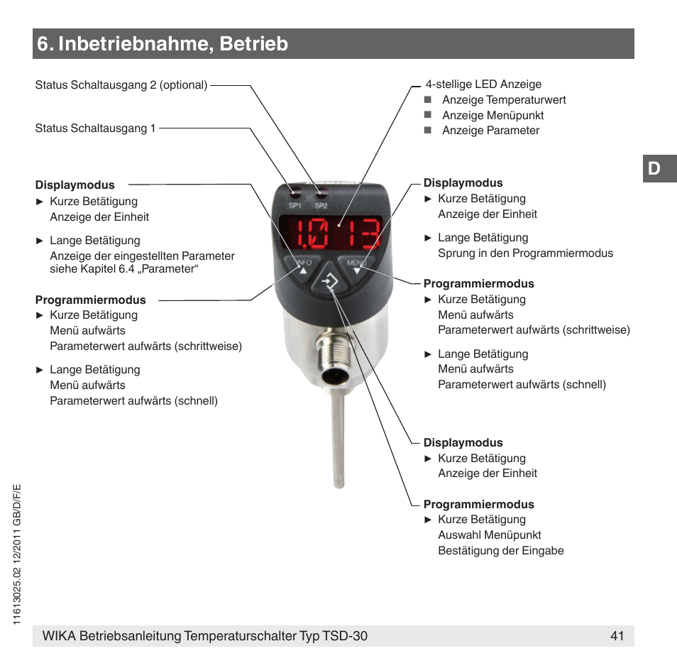 Inbetriebnahme, betrieb | WIKA TSD-30 User Manual | Page 41 / 100