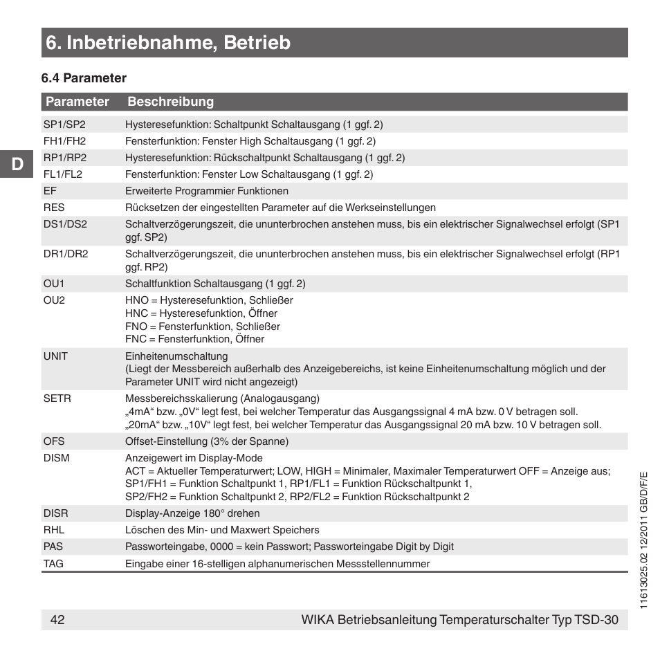 Inbetriebnahme, betrieb | WIKA TSD-30 User Manual | Page 42 / 100