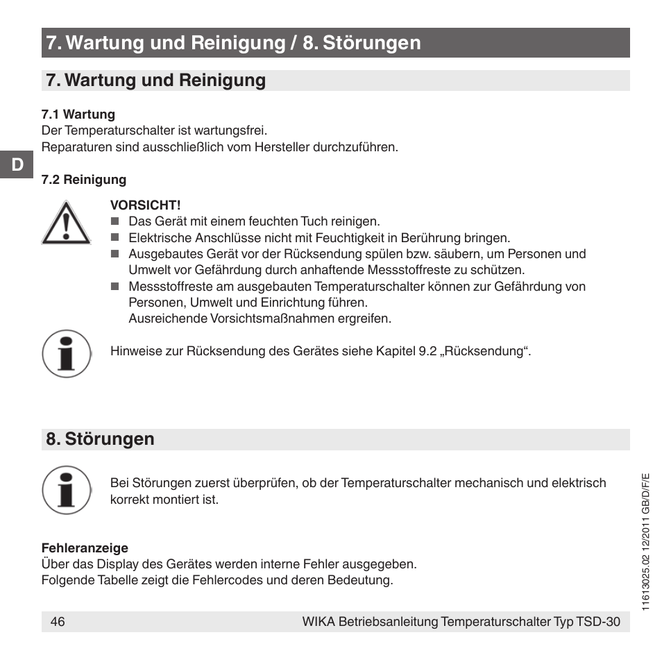 Wartung und reinigung / 8. störungen, Störungen, Wartung und reinigung | WIKA TSD-30 User Manual | Page 46 / 100