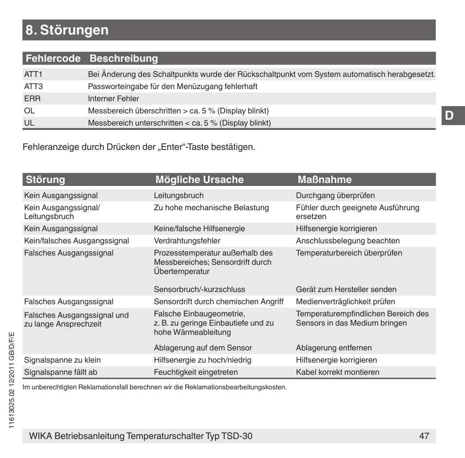 Störungen, Fehlercode beschreibung, Störung mögliche ursache maßnahme | WIKA TSD-30 User Manual | Page 47 / 100