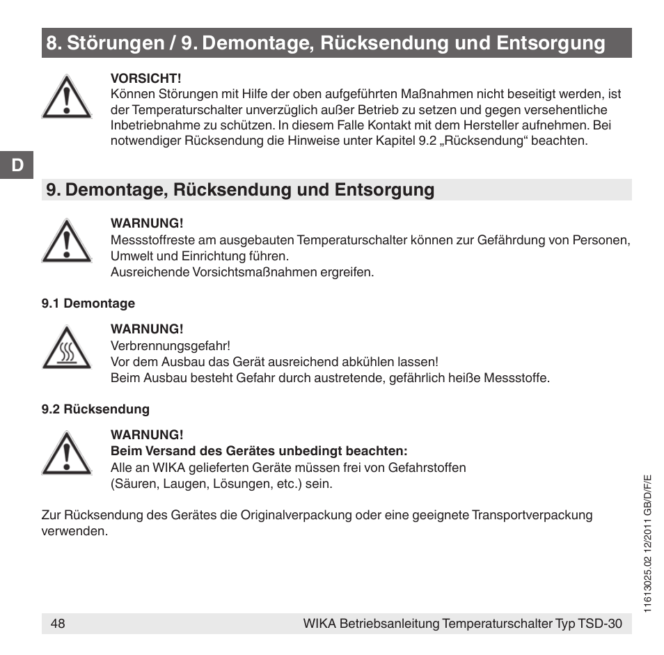 Demontage, rücksendung und entsorgung | WIKA TSD-30 User Manual | Page 48 / 100