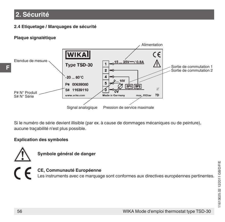 Sécurité | WIKA TSD-30 User Manual | Page 56 / 100