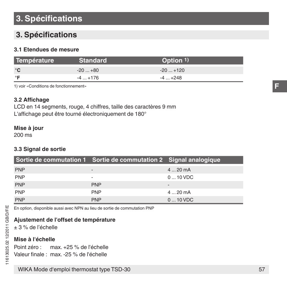 Spécifications, Température standard option | WIKA TSD-30 User Manual | Page 57 / 100