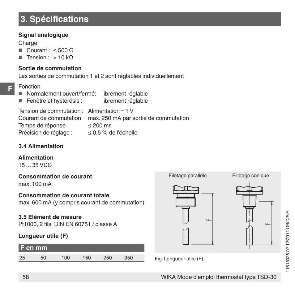 Spécifications, F en mm | WIKA TSD-30 User Manual | Page 58 / 100