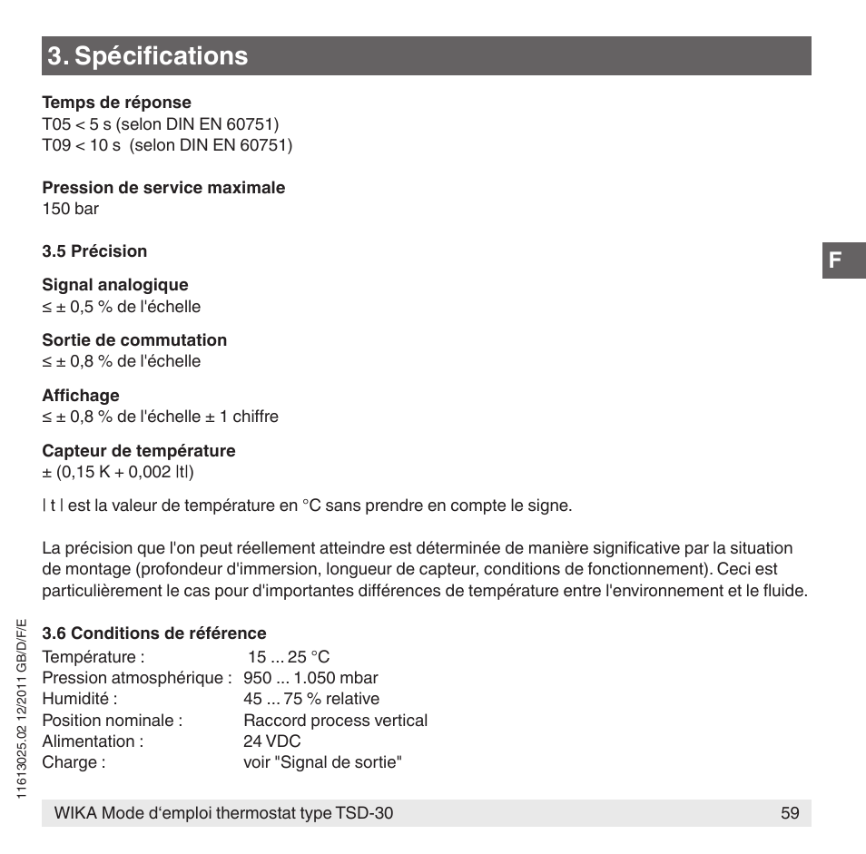 Spécifications | WIKA TSD-30 User Manual | Page 59 / 100