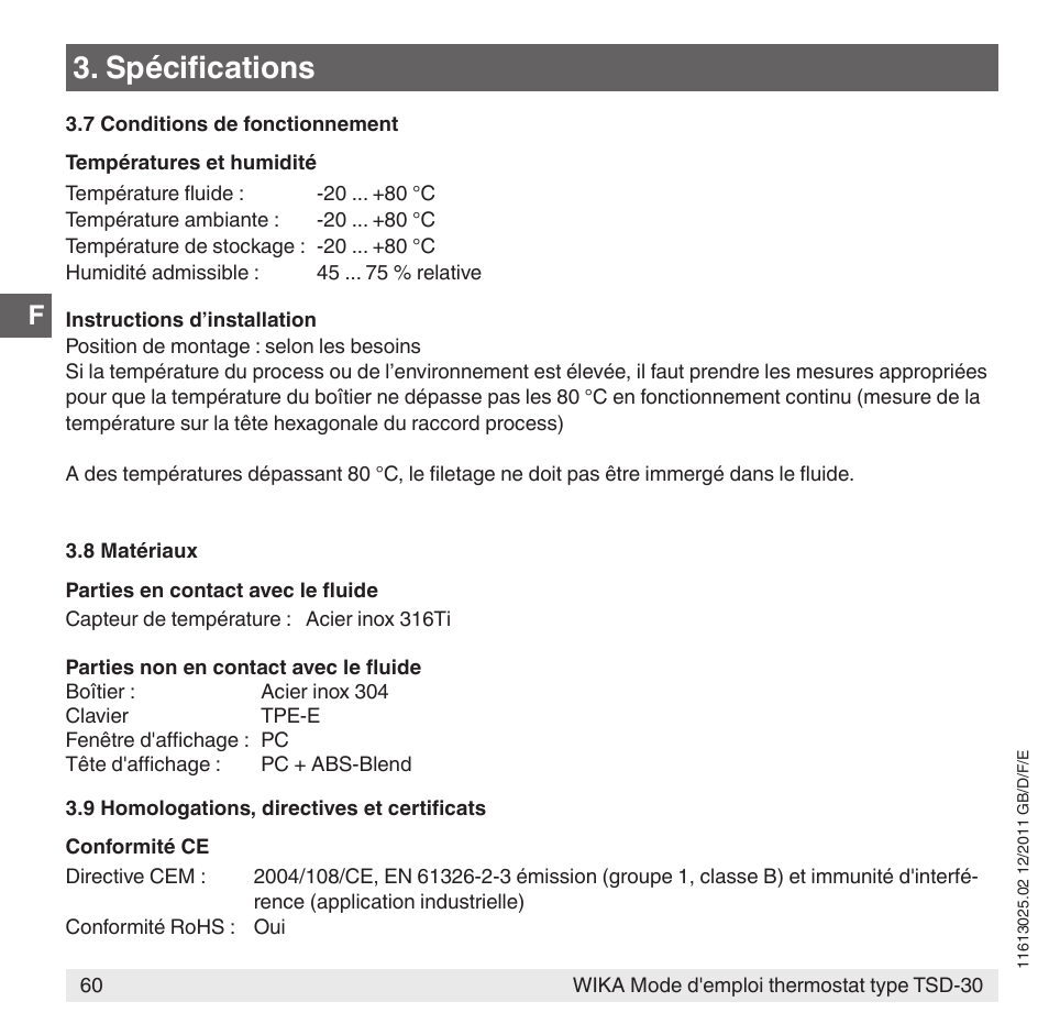 Spécifications | WIKA TSD-30 User Manual | Page 60 / 100