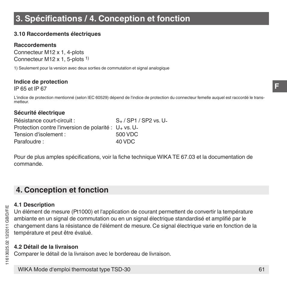 Spécifications / 4. conception et fonction, Conception et fonction | WIKA TSD-30 User Manual | Page 61 / 100