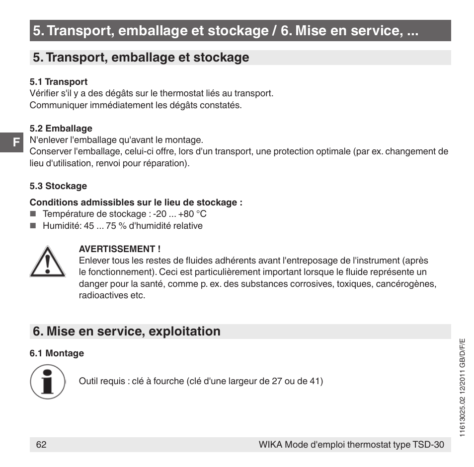 Transport, emballage et stockage, Mise en service, exploitation | WIKA TSD-30 User Manual | Page 62 / 100