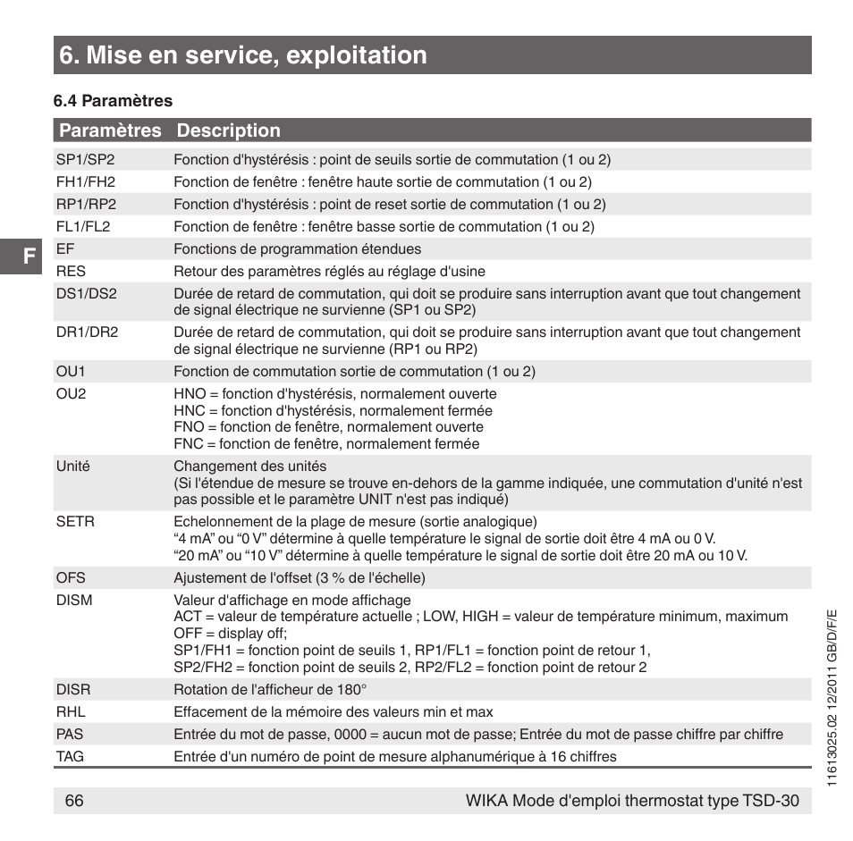 Mise en service, exploitation, Paramètres description | WIKA TSD-30 User Manual | Page 66 / 100