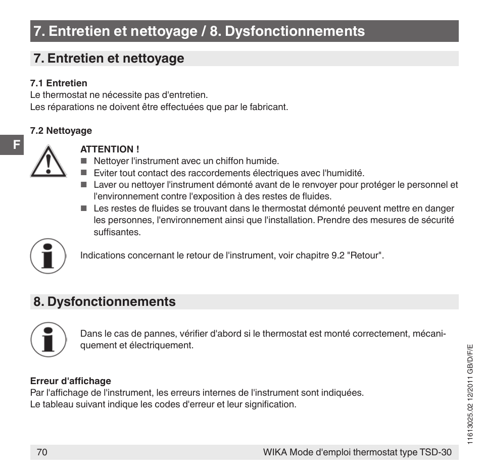 Entretien et nettoyage / 8. dysfonctionnements, Dysfonctionnements, Entretien et nettoyage | WIKA TSD-30 User Manual | Page 70 / 100