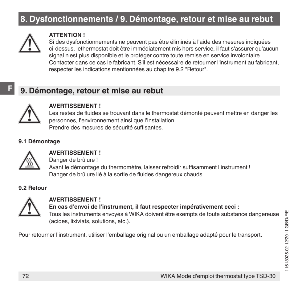 Démontage, retour et mise au rebut | WIKA TSD-30 User Manual | Page 72 / 100