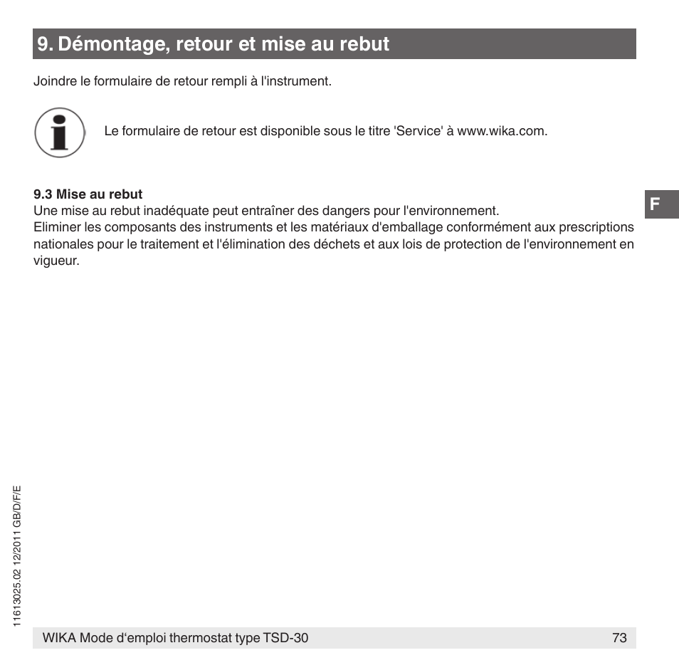 Démontage, retour et mise au rebut | WIKA TSD-30 User Manual | Page 73 / 100