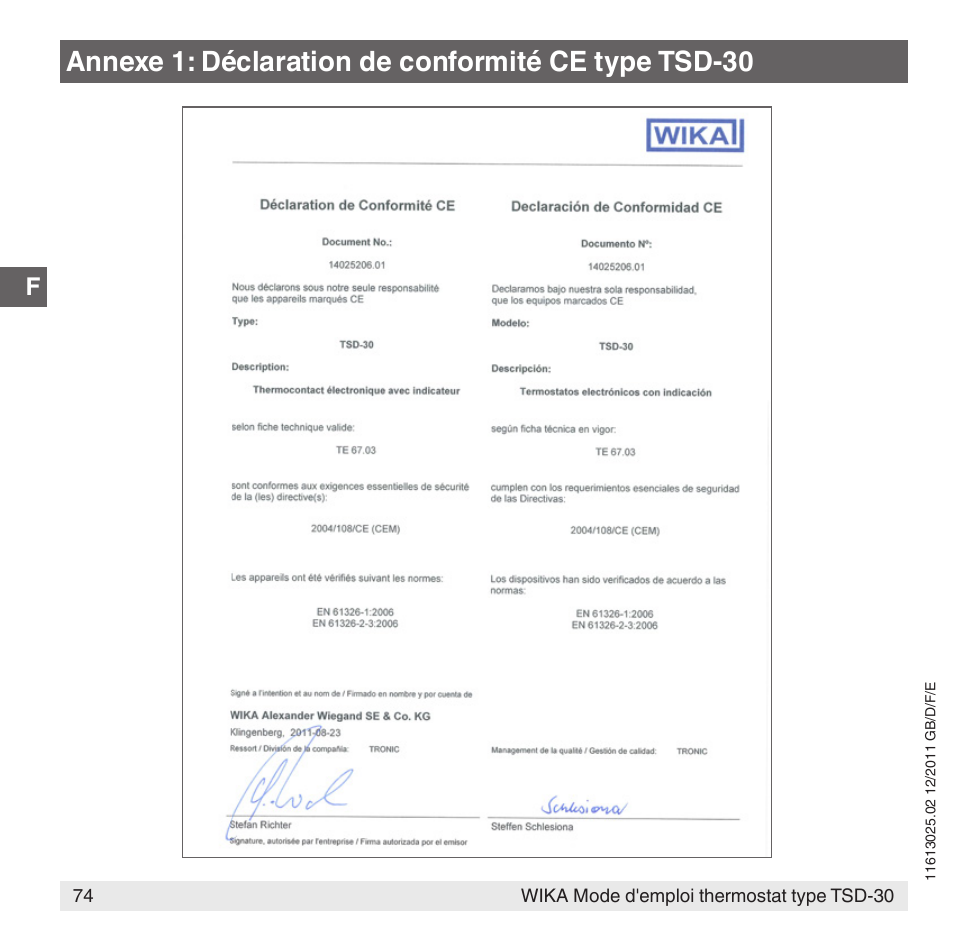 Annexe 1: déclaration de conformité ce type tsd-30 | WIKA TSD-30 User Manual | Page 74 / 100