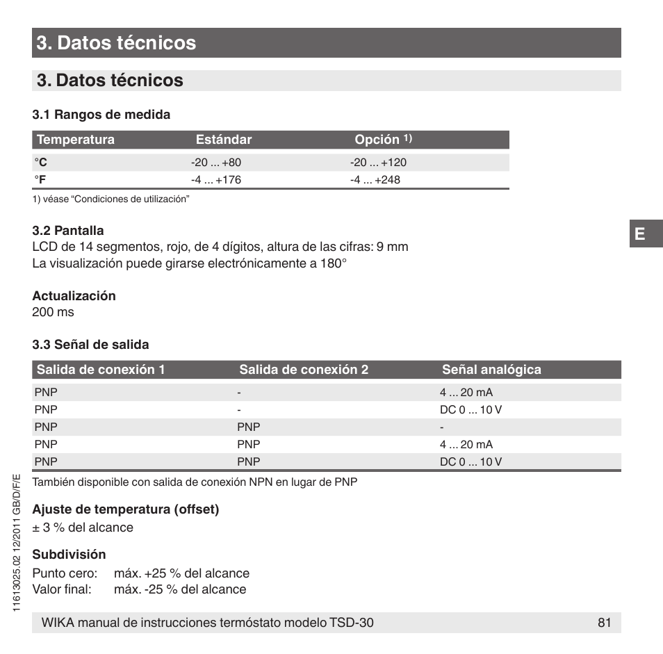 Datos técnicos | WIKA TSD-30 User Manual | Page 81 / 100
