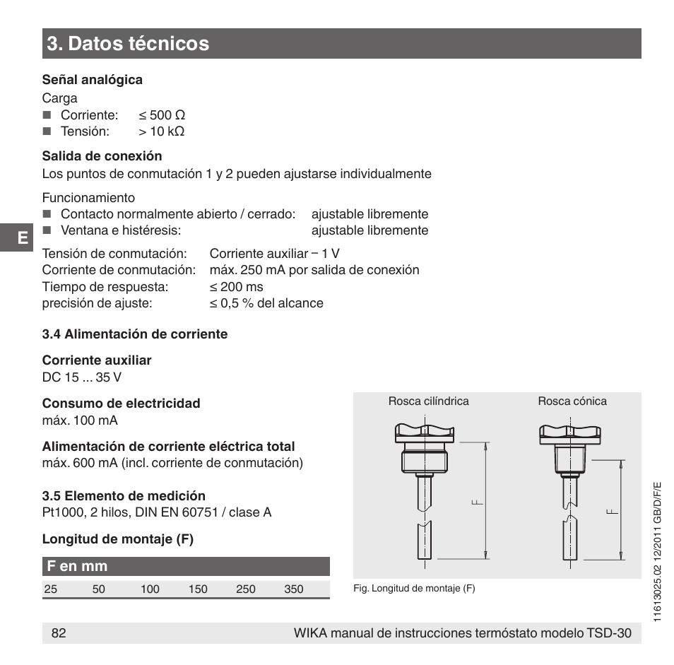 Datos técnicos, F en mm | WIKA TSD-30 User Manual | Page 82 / 100