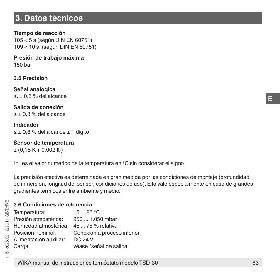Datos técnicos | WIKA TSD-30 User Manual | Page 83 / 100