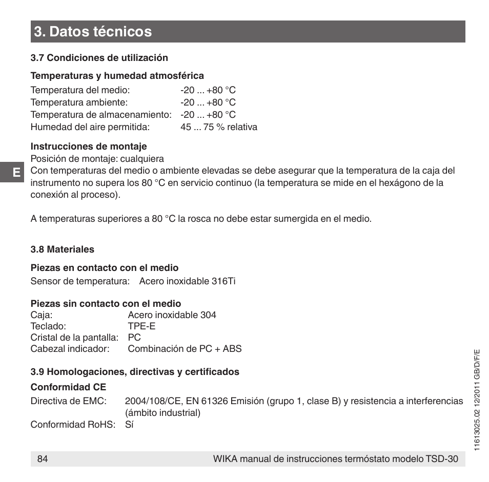 Datos técnicos | WIKA TSD-30 User Manual | Page 84 / 100