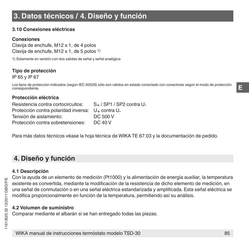 Datos técnicos / 4. diseño y función, Diseño y función | WIKA TSD-30 User Manual | Page 85 / 100