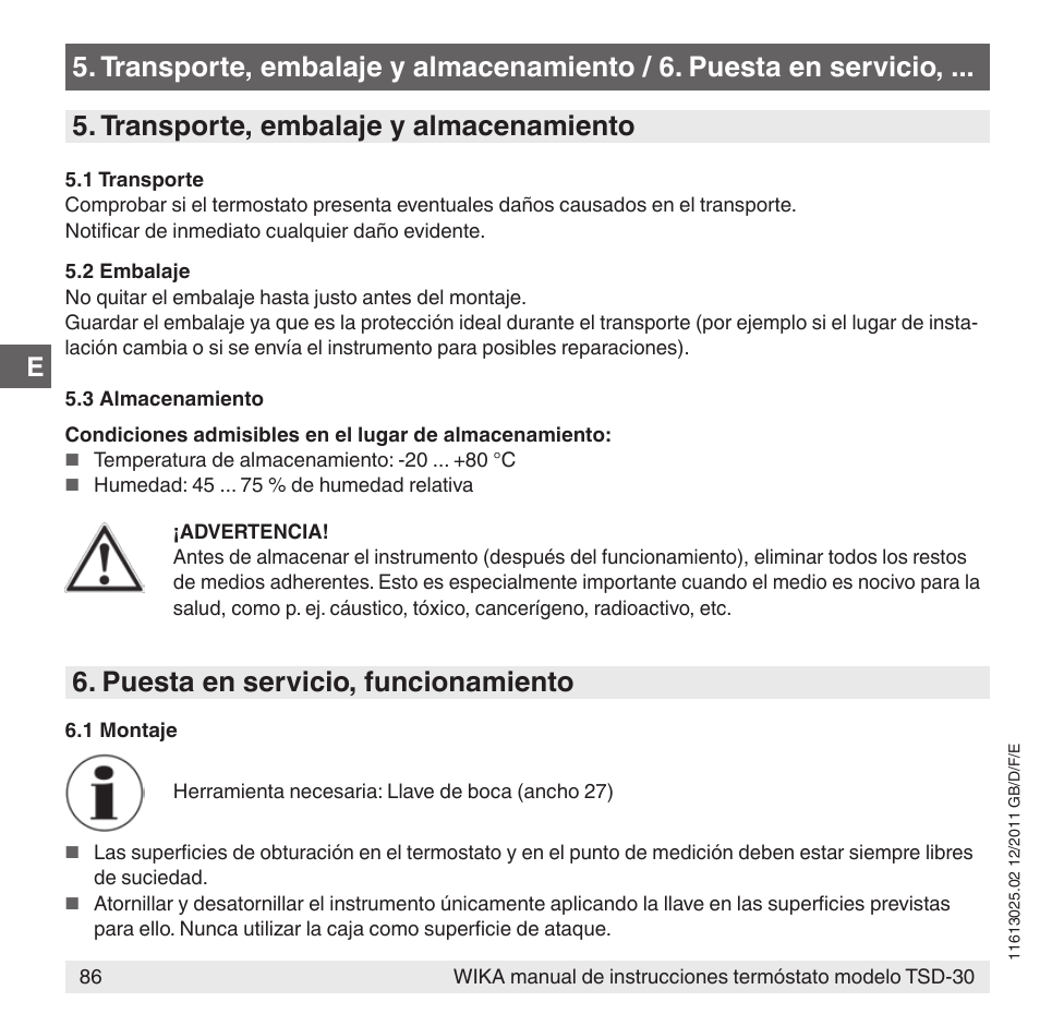 Transporte, embalaje y almacenamiento, Puesta en servicio, funcionamiento | WIKA TSD-30 User Manual | Page 86 / 100