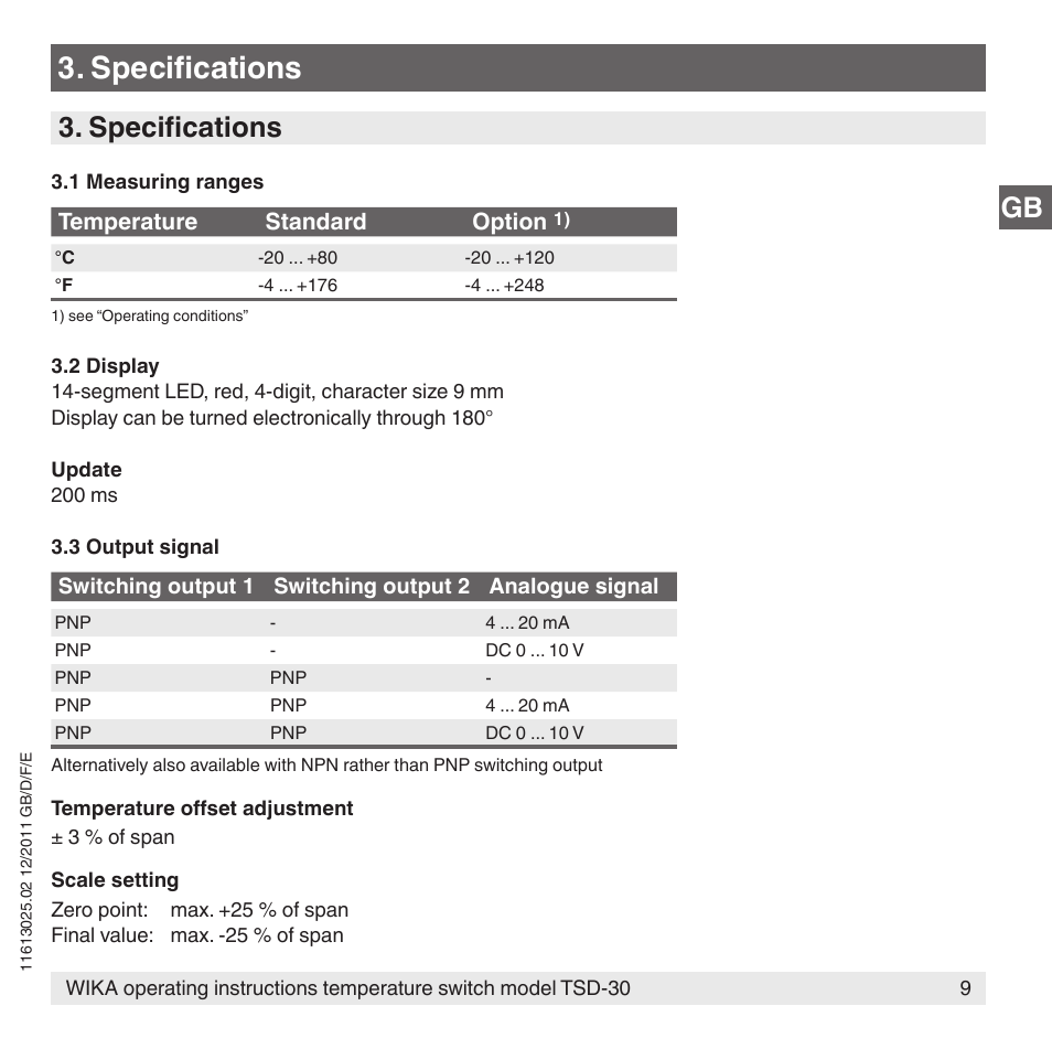 Specifications | WIKA TSD-30 User Manual | Page 9 / 100