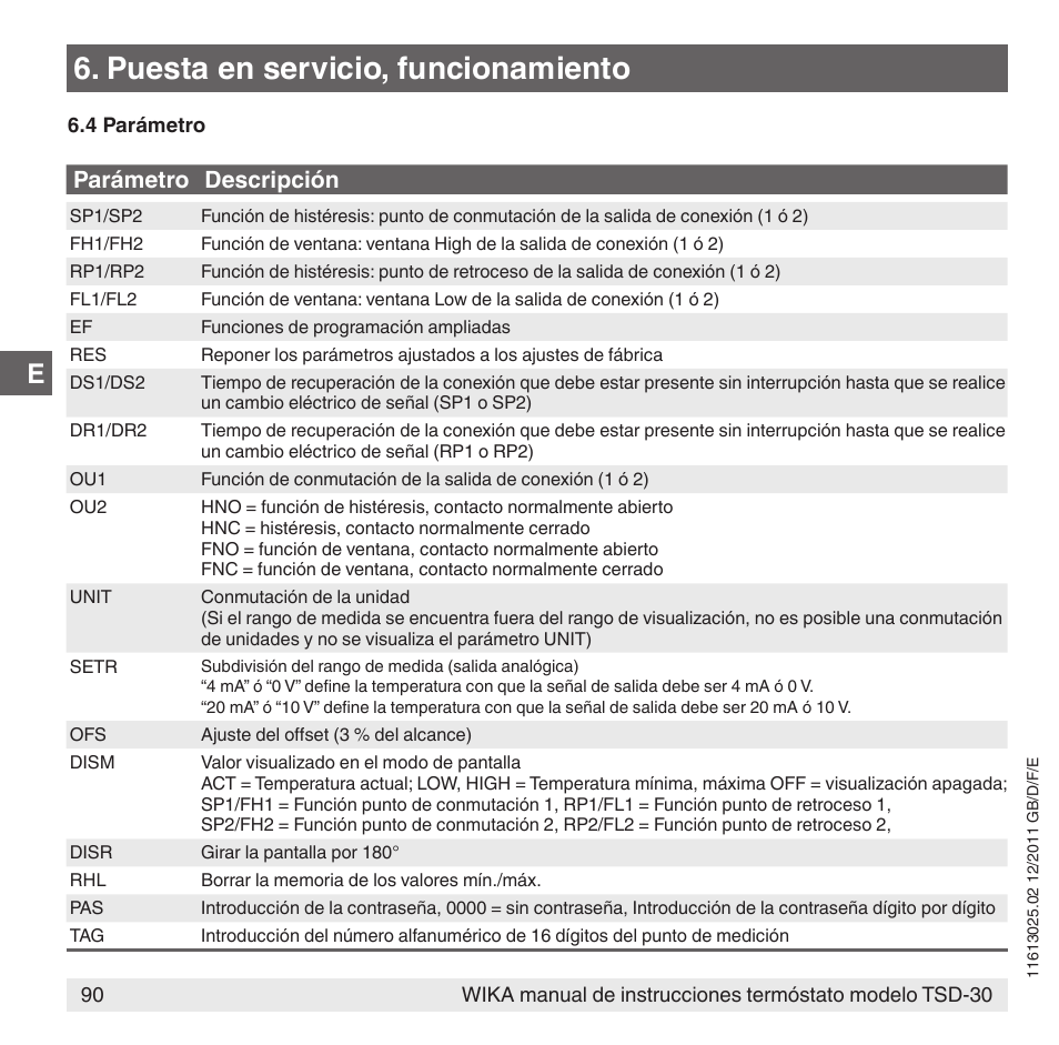 Puesta en servicio, funcionamiento, Parámetro descripción | WIKA TSD-30 User Manual | Page 90 / 100
