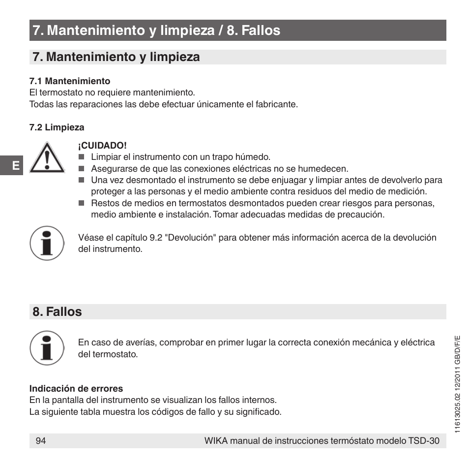 Mantenimiento y limpieza / 8. fallos, Fallos, Mantenimiento y limpieza | WIKA TSD-30 User Manual | Page 94 / 100