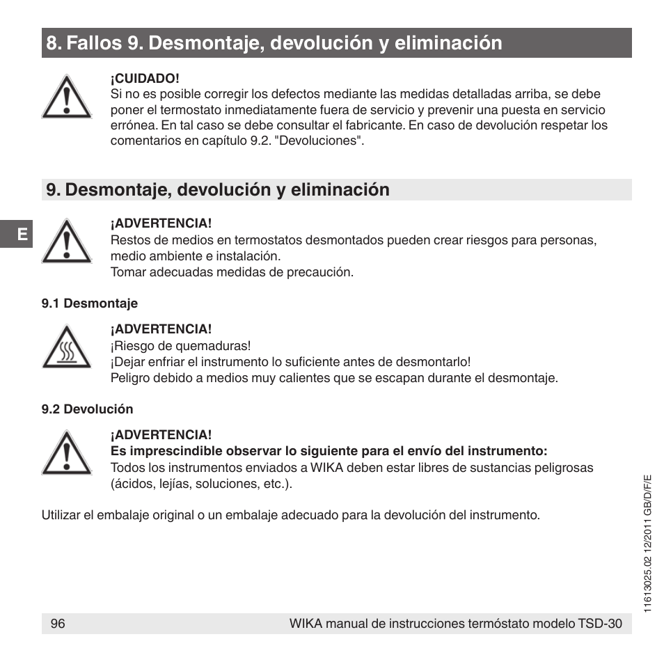 Fallos 9. desmontaje, devolución y eliminación, Desmontaje, devolución y eliminación | WIKA TSD-30 User Manual | Page 96 / 100