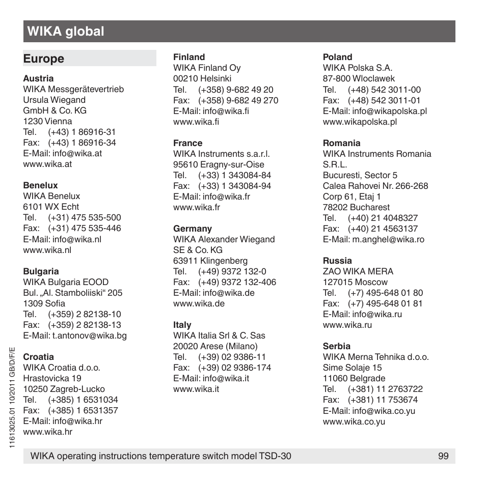 Wika global, Europe | WIKA TSD-30 User Manual | Page 99 / 100
