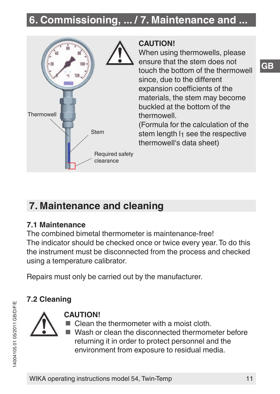 Commissioning, ... / 7. maintenance and, Maintenance and cleaning | WIKA 54_twintemp User Manual | Page 11 / 60