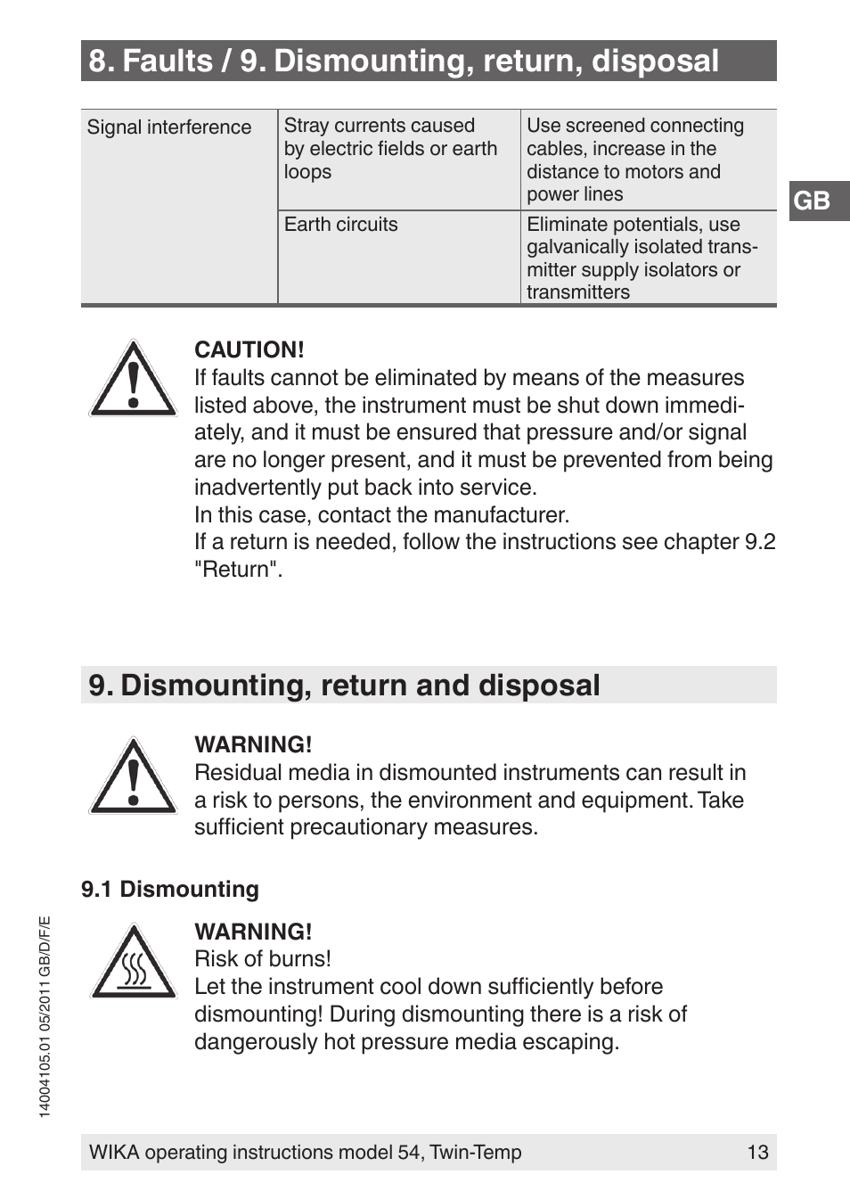 Faults / 9. dismounting, return, disposal, Dismounting, return and disposal | WIKA 54_twintemp User Manual | Page 13 / 60