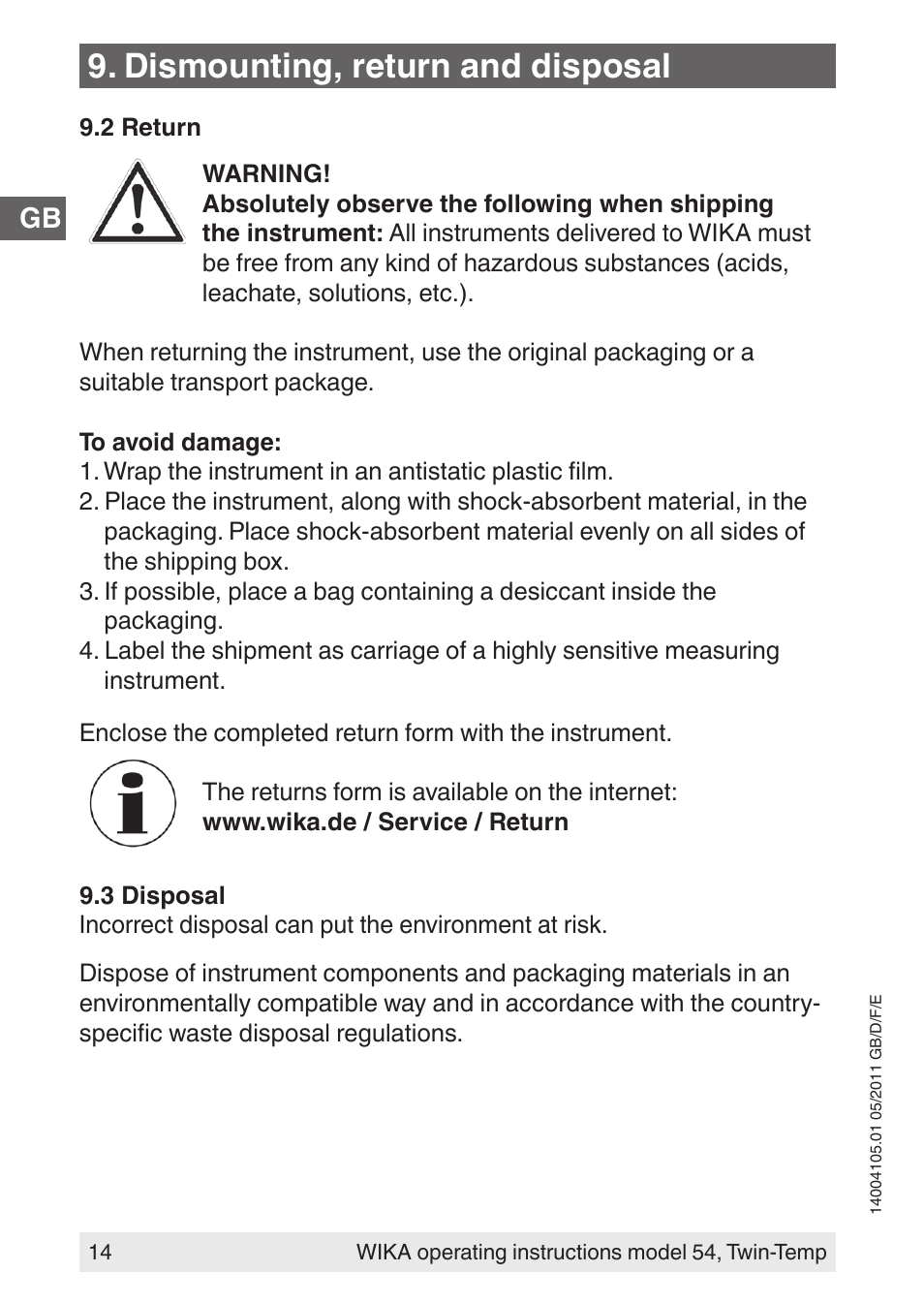 Dismounting, return and disposal | WIKA 54_twintemp User Manual | Page 14 / 60