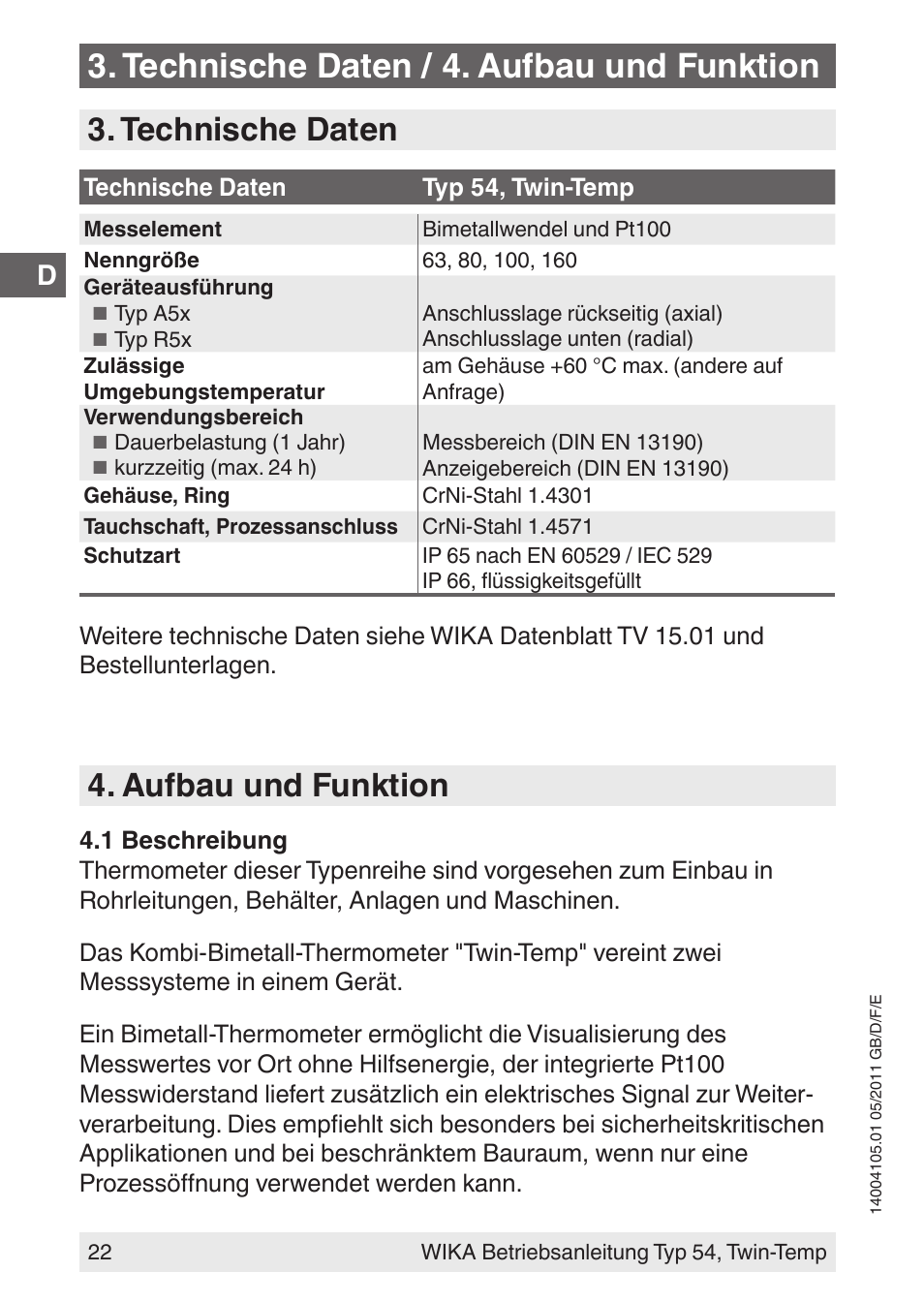 Technische daten / 4. aufbau und funktion, Technische daten, Aufbau und funktion | WIKA 54_twintemp User Manual | Page 22 / 60