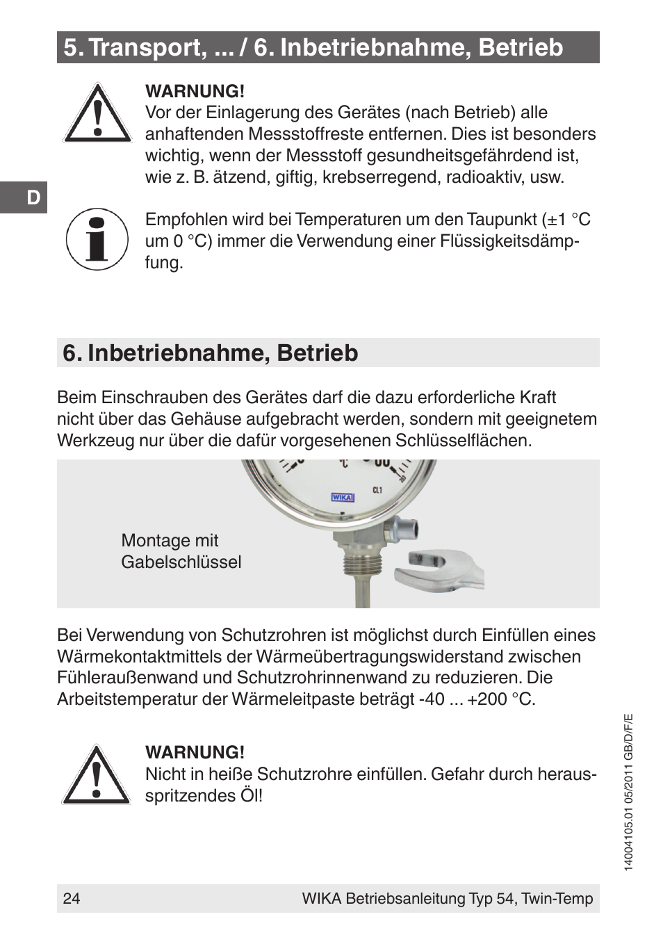 Transport, ... / 6. inbetriebnahme, betrieb, Inbetriebnahme, betrieb | WIKA 54_twintemp User Manual | Page 24 / 60