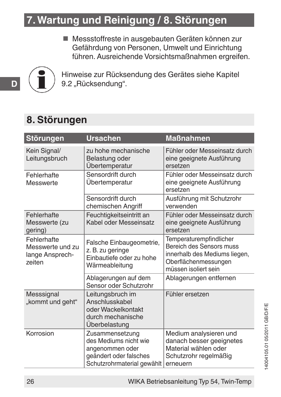 Wartung und reinigung / 8. störungen, Störungen | WIKA 54_twintemp User Manual | Page 26 / 60