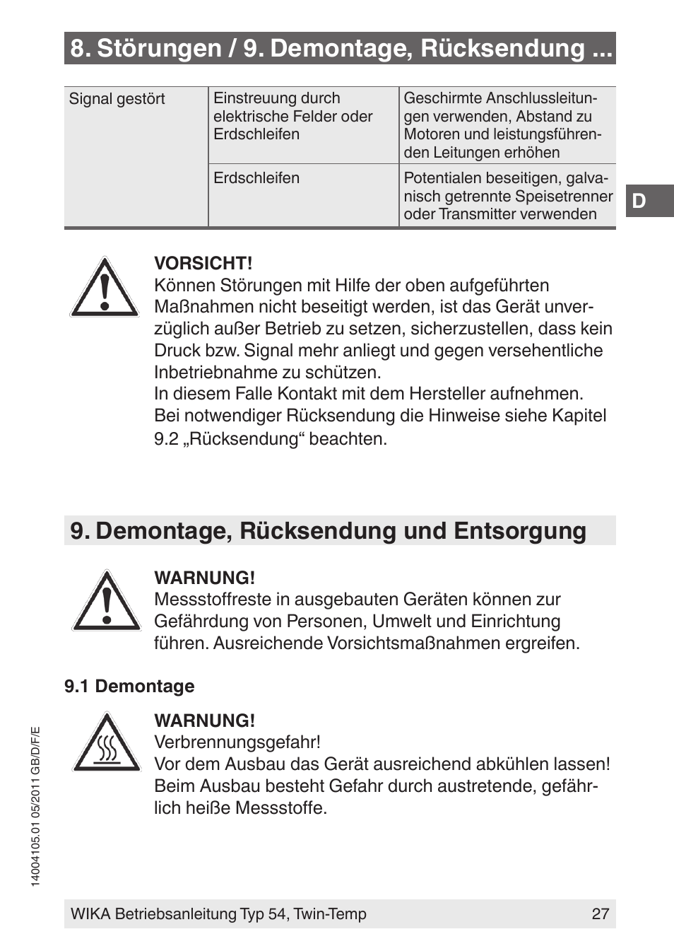 Störungen / 9. demontage, rücksendung, Demontage, rücksendung und entsorgung | WIKA 54_twintemp User Manual | Page 27 / 60