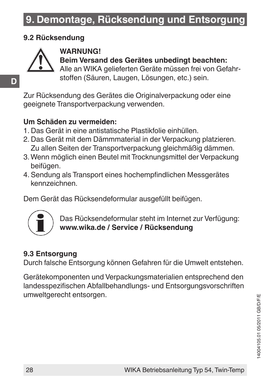 Demontage, rücksendung und entsorgung | WIKA 54_twintemp User Manual | Page 28 / 60