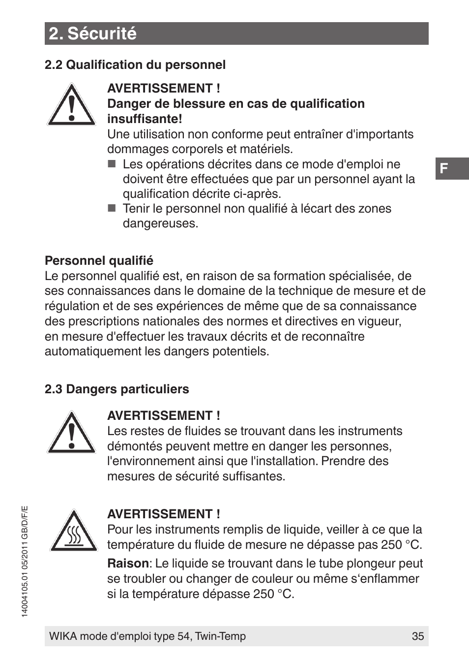 Sécurité | WIKA 54_twintemp User Manual | Page 35 / 60