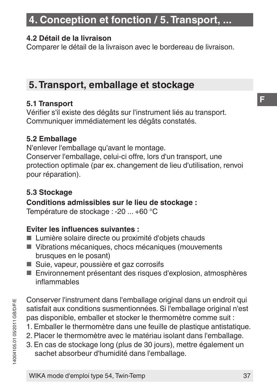 Conception et fonction / 5. transport, Transport, emballage et stockage | WIKA 54_twintemp User Manual | Page 37 / 60