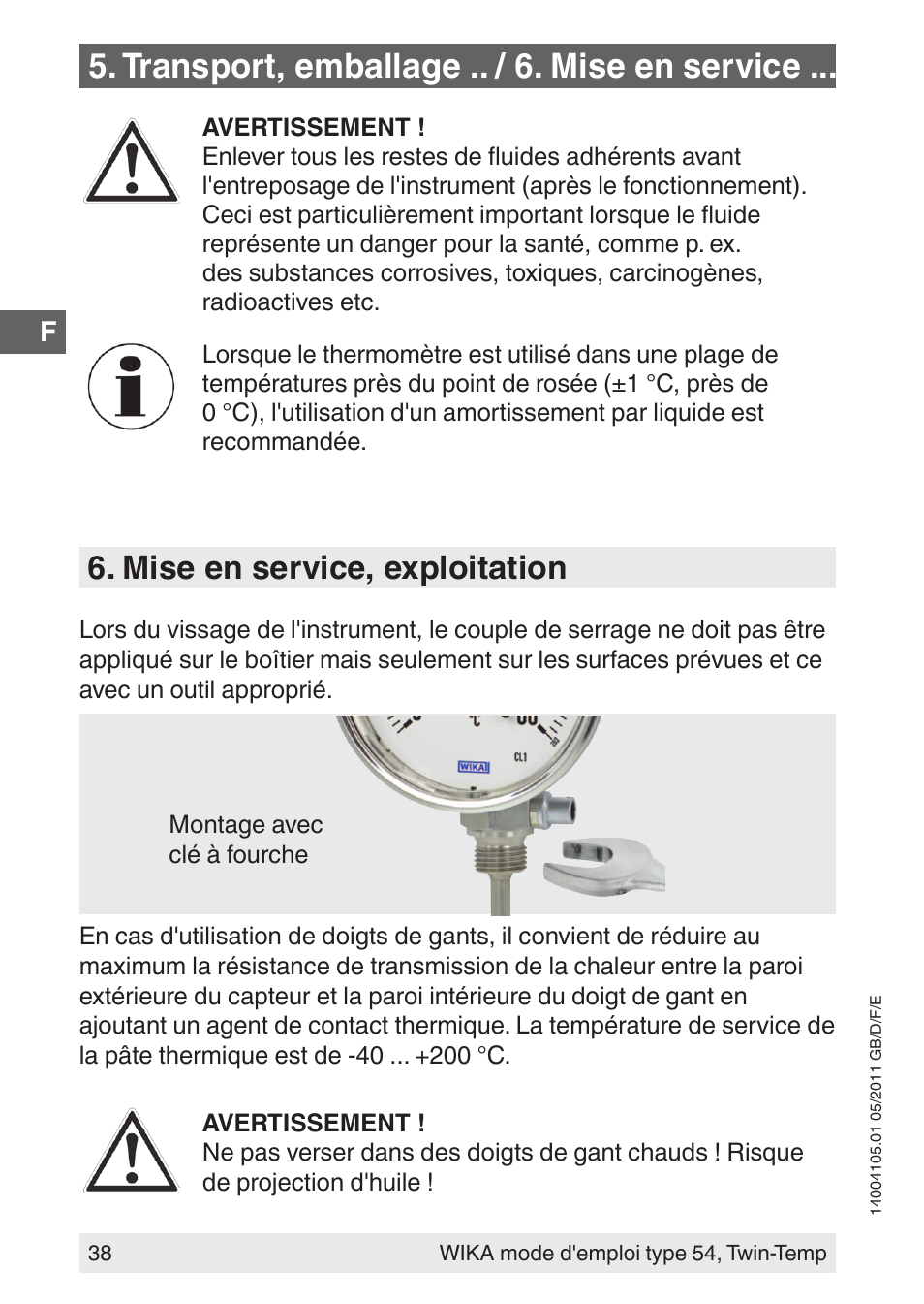 Transport, emballage .. / 6. mise en service, Mise en service, exploitation | WIKA 54_twintemp User Manual | Page 38 / 60