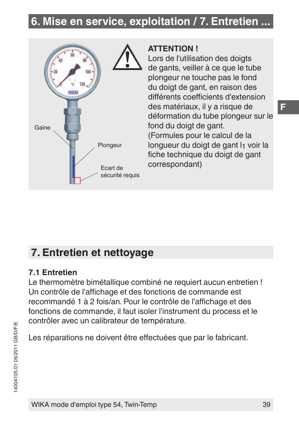 Mise en service, exploitation / 7. entretien, Entretien et nettoyage | WIKA 54_twintemp User Manual | Page 39 / 60