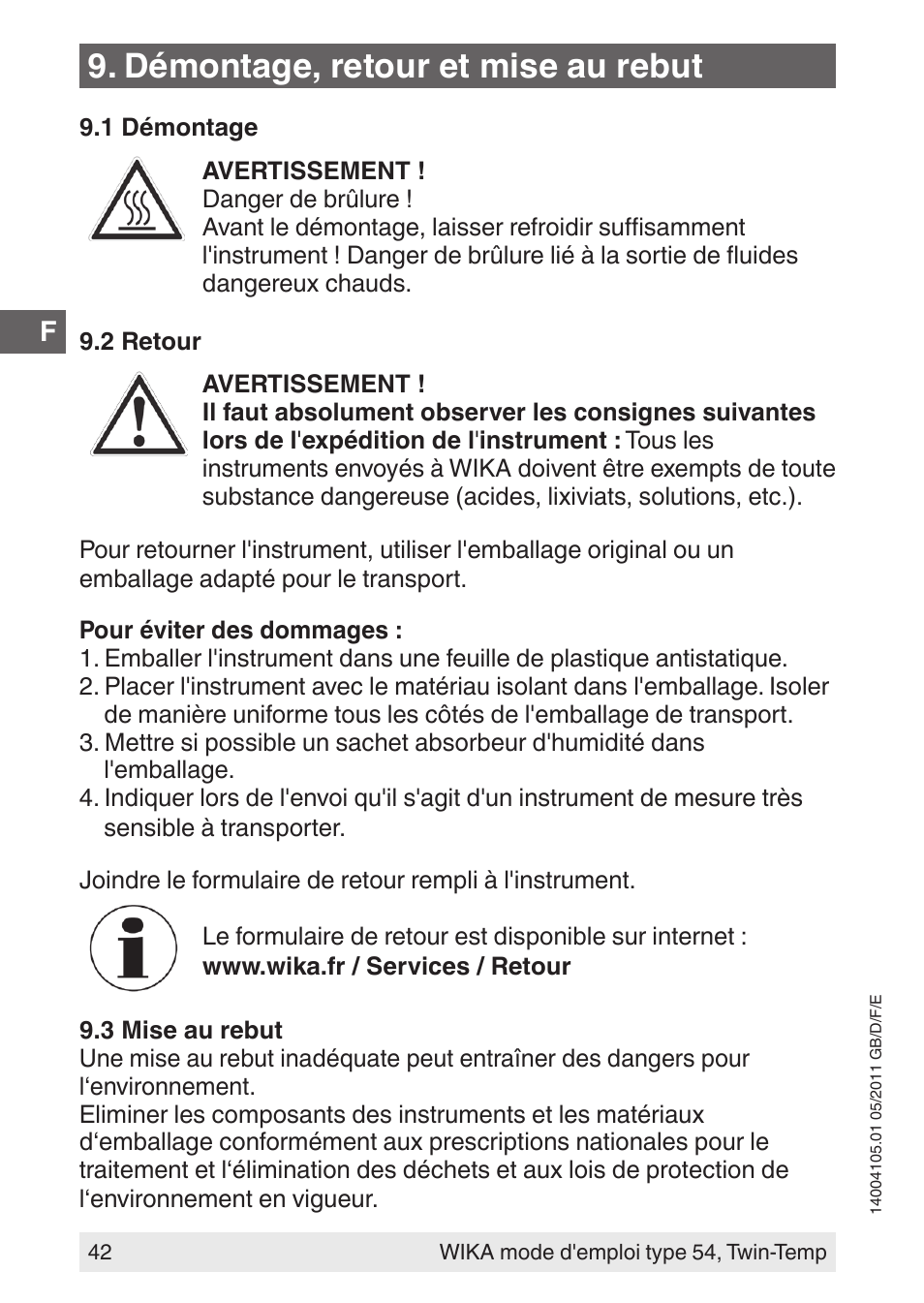 Démontage, retour et mise au rebut | WIKA 54_twintemp User Manual | Page 42 / 60