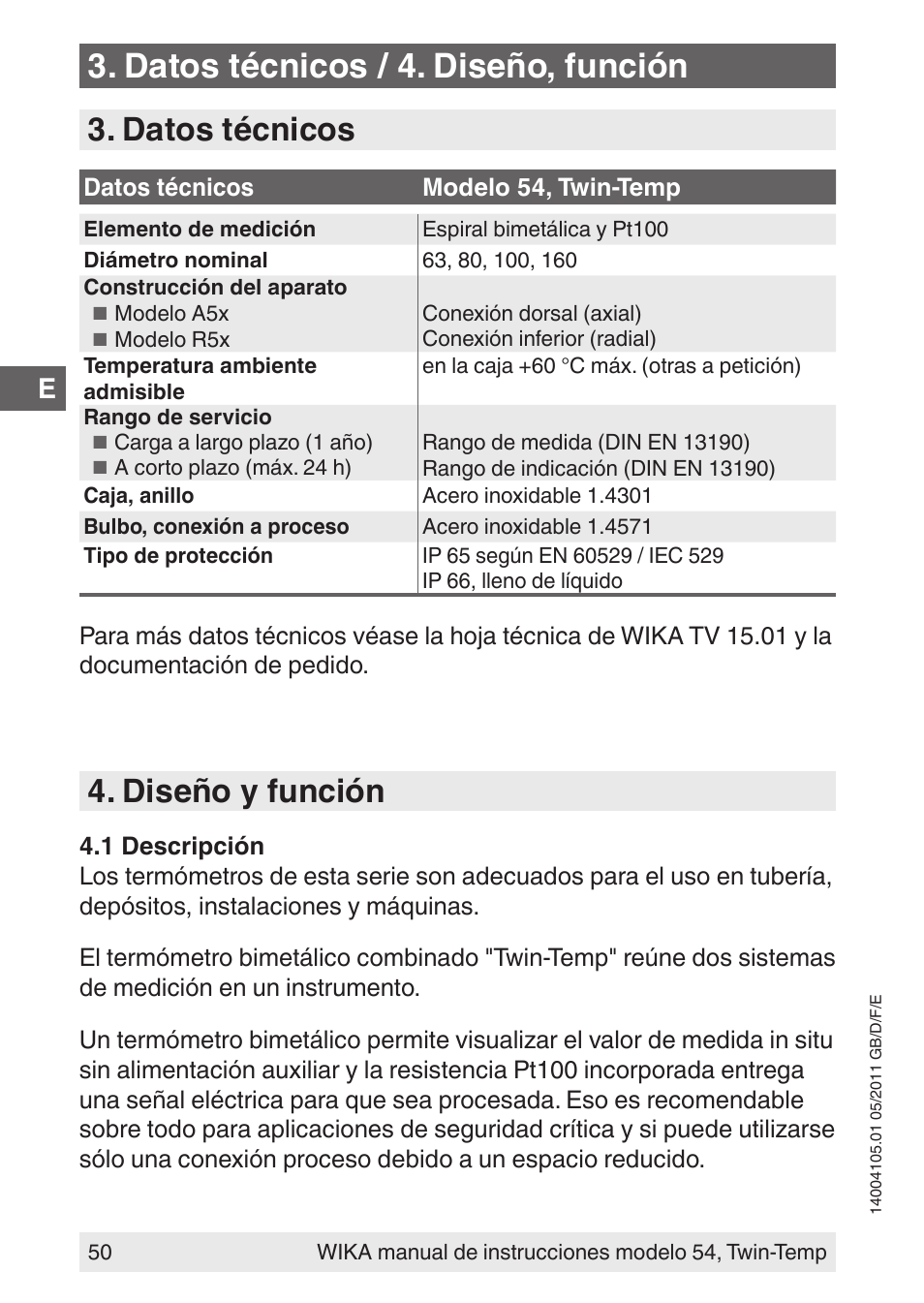 Datos técnicos / 4. diseño, función, Datos técnicos, Diseño y función | WIKA 54_twintemp User Manual | Page 50 / 60