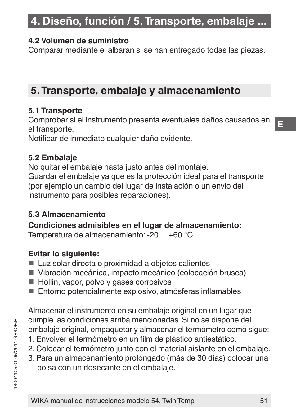 Diseño, función / 5. transporte, embalaje, Transporte, embalaje y almacenamiento | WIKA 54_twintemp User Manual | Page 51 / 60