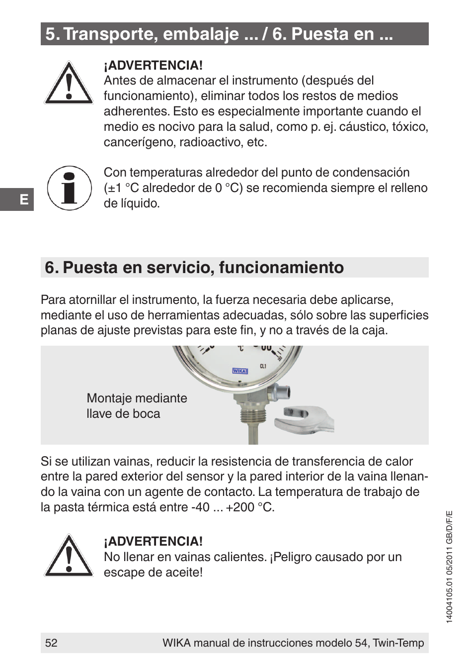 Transporte, embalaje ... / 6. puesta en, Puesta en servicio, funcionamiento | WIKA 54_twintemp User Manual | Page 52 / 60